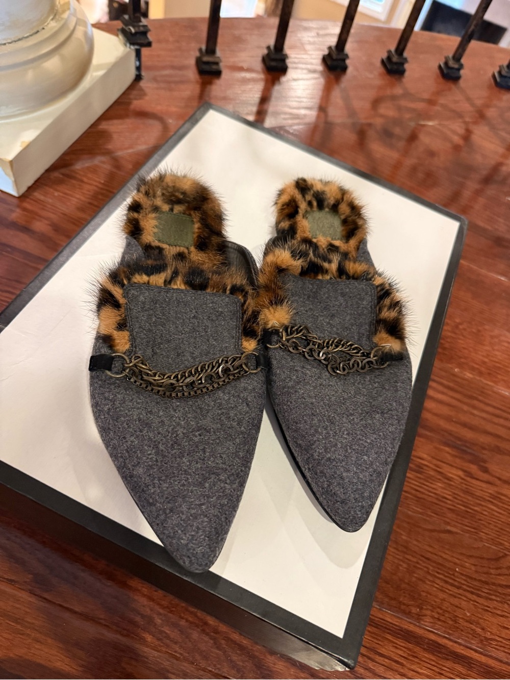 Mr & Mrs Italy Gray Pointed Mules with Leopard Fur Trim and Gold Chain